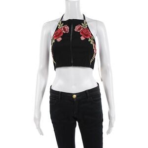 Gab kate Women Cropped Black Rose Floral High Neck Tie Tank Size M